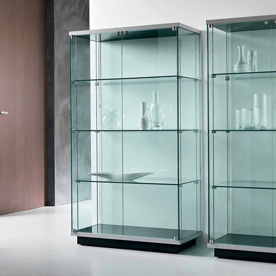 Vetrina Credenza a Parete in Vetro Trasparente 2 Ante con Serratura - Antonia Viadurini