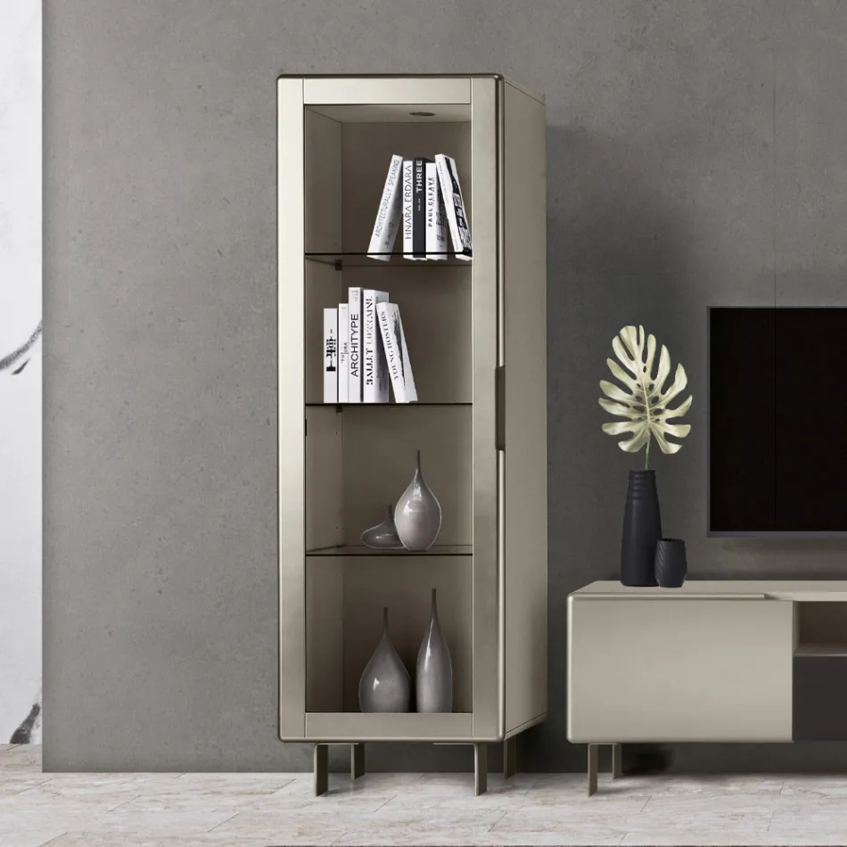 Vetrina da Soggiorno con 1 Anta in Mdf Finitura Nichel Made in Italy - Hilde Viadurini