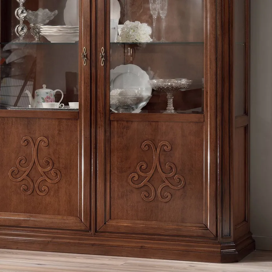 Vetrinetta in Legno Finitura Noce Patinato con Decoro Giglio Made in Italy - Donn Viadurini