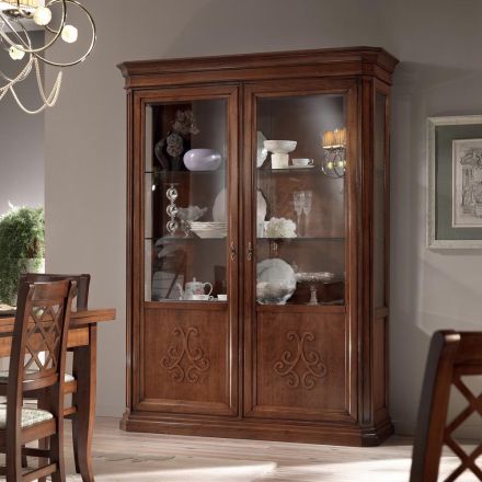 Vetrinetta in Legno Finitura Noce Patinato con Decoro Giglio Made in Italy - Donn Viadurini